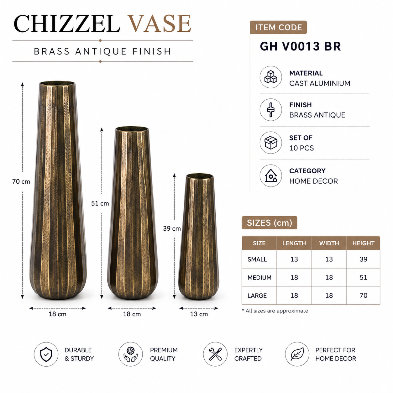 Valini's Home Antique Gold Textured Floor Vase Set – Elegant Trio for Luxury Home Décor - Image 3