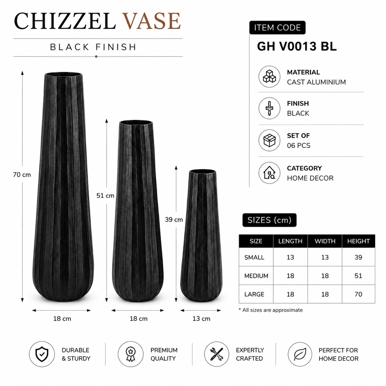 Valini's Home Black Textured Metal Floor Vase Set – Modern Three-Piece Decorative Statement Vases - Image 3