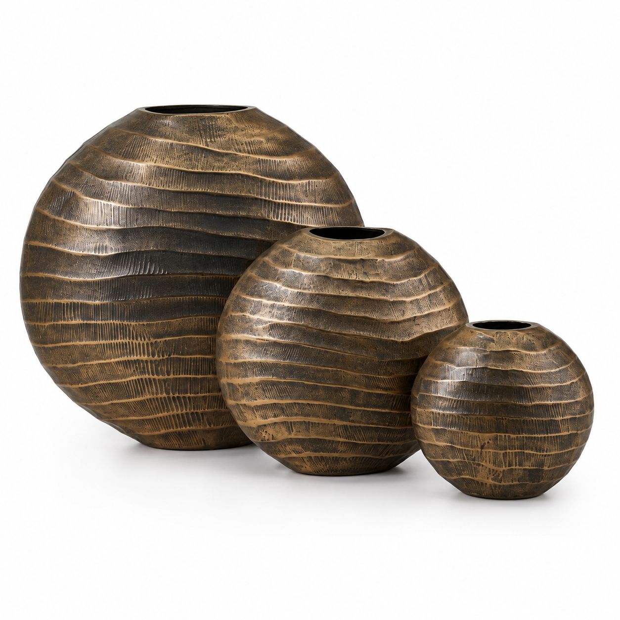 Valini's Home Antique Bronze Ribbed Round Vase Set – 3-Piece Luxury Decorative Vases for Modern Interiors - Image 2