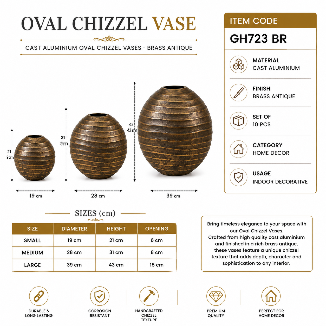 Valini's Home Antique Bronze Ribbed Round Vase Set – 3-Piece Luxury Decorative Vases for Modern Interiors - Image 3