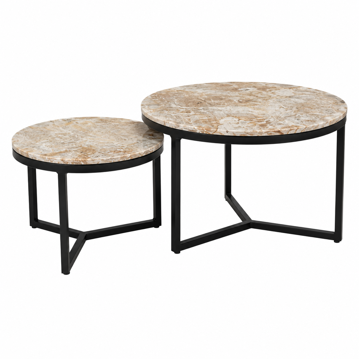 Valini's Home Round Jawalpur Marble Top Side Table Set of 2 – Elegant Black Metal Base Tables for Modern Home Décor - Image 2