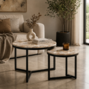 Valini's Home Round Jawalpur Marble Top Side Table Set of 2 – Elegant Black Metal Base Tables for Modern Home Décor