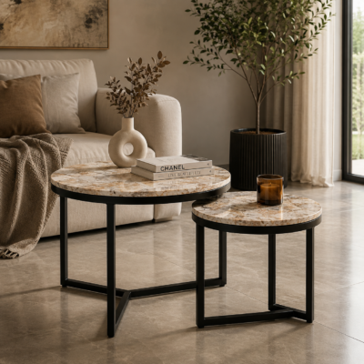 Valini's Home Round Jawalpur Marble Top Side Table Set of 2 – Elegant Black Metal Base Tables for Modern Home Décor