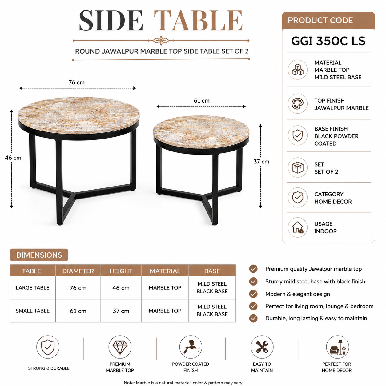 Valini's Home Round Jawalpur Marble Top Side Table Set of 2 – Elegant Black Metal Base Tables for Modern Home Décor - Image 3