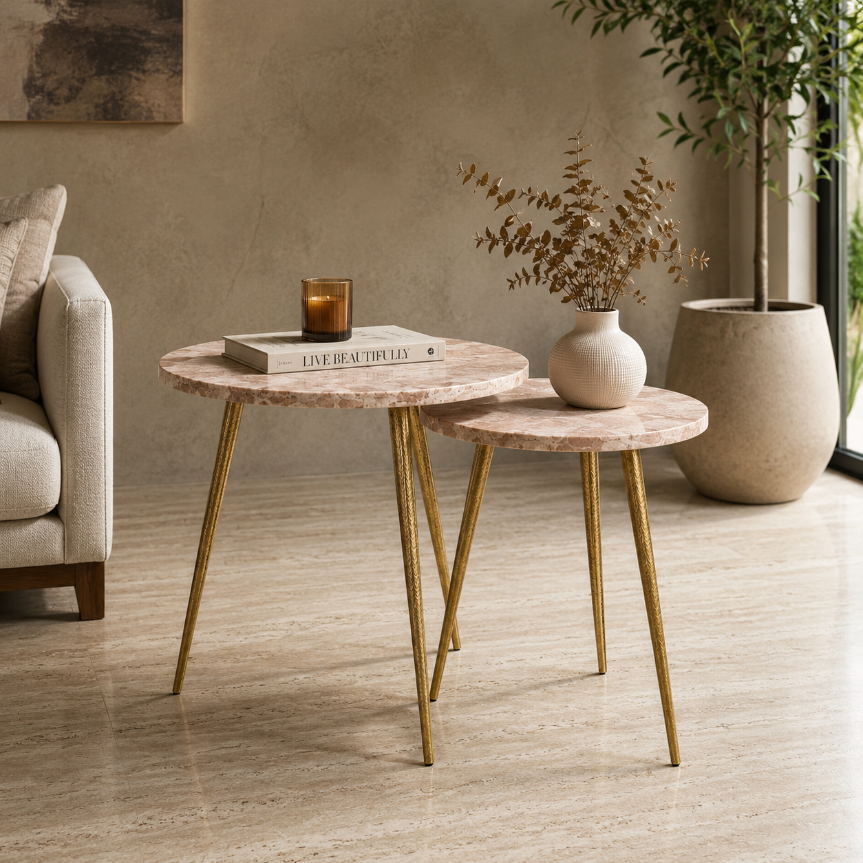 Valini's Home Jawalpur Marble Top Side Table Set of 2 – Brass Antique Cast Aluminium 3-Leg Tables