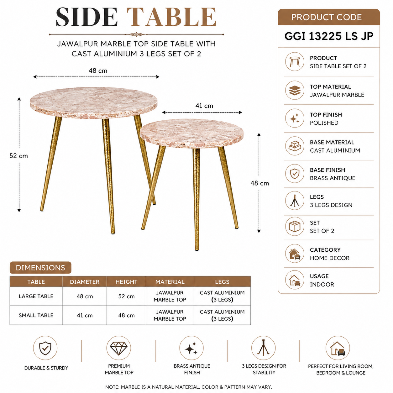 Valini's Home Jawalpur Marble Top Side Table Set of 2 – Brass Antique Cast Aluminium 3-Leg Tables - Image 3