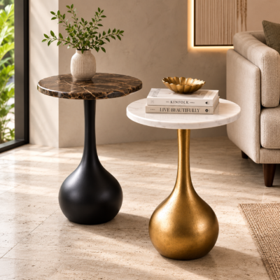 Valini's Home Yellow Agate Top Drink Table Set of 2 – Antique Gold Metal Curved Leg Side Tables for Luxury Interiors