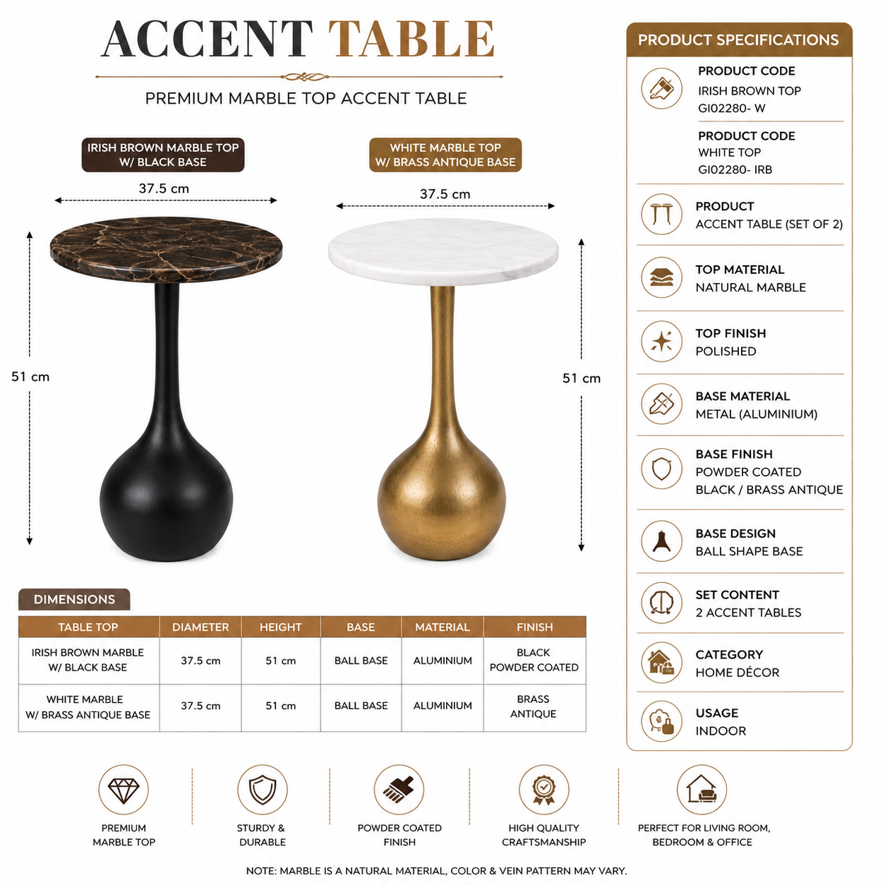 Valini's Home Premium Natural Marble Accent Table Set of 2 – Irish Brown & White Marble with Elegant Ball-Shaped Aluminium Bases - Image 3