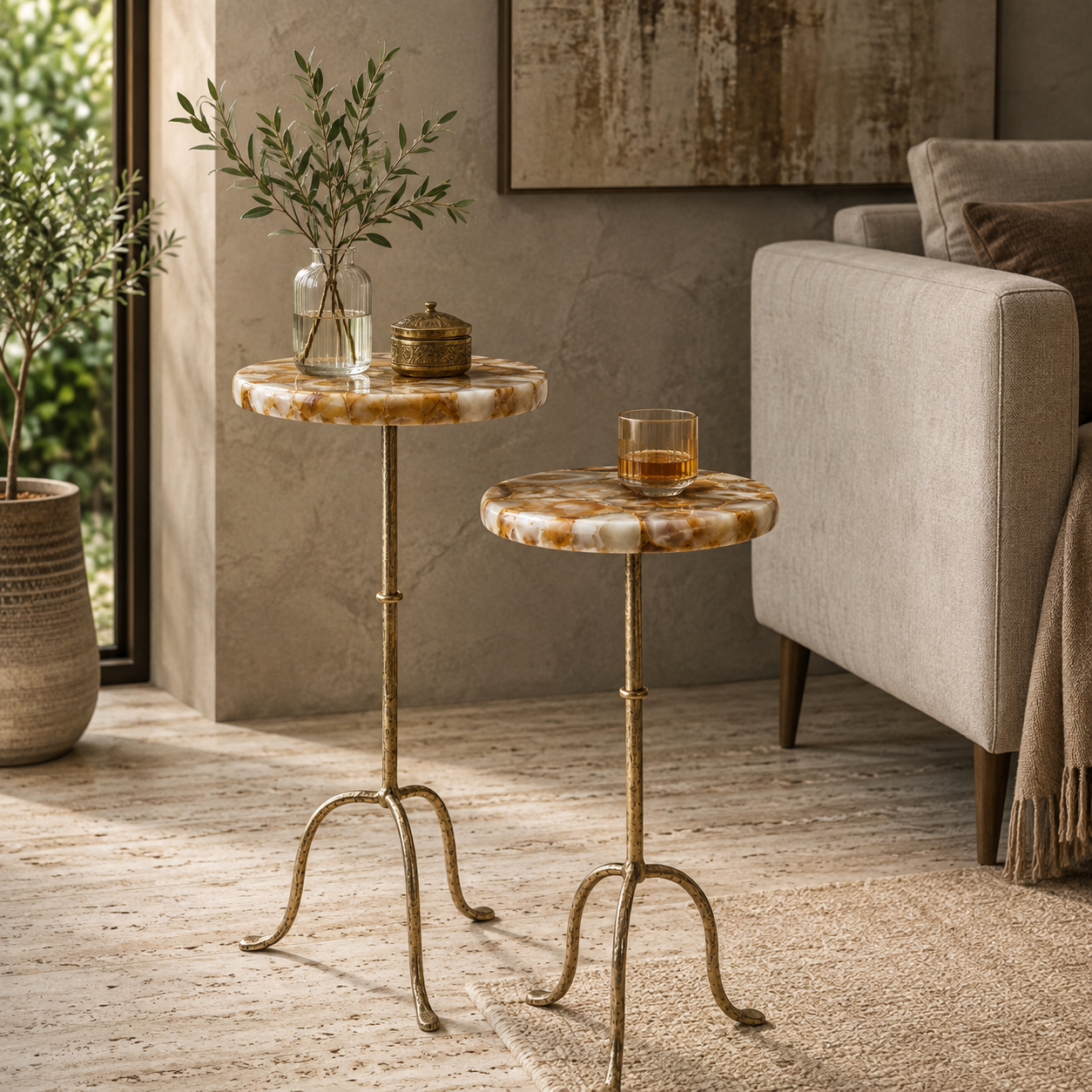 Valini's Home Luxury Antique Gold Marble Top Accent Side Table Set – Elegant Decorative Side Tables for Living Room, Bedroom & Lounge