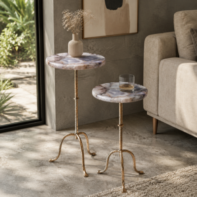 Valini's Home Elegant Gray Agate Drink Table Set of 2 – Premium Antique Gold Accent Tables with Curved Iron Base for Modern Interiors