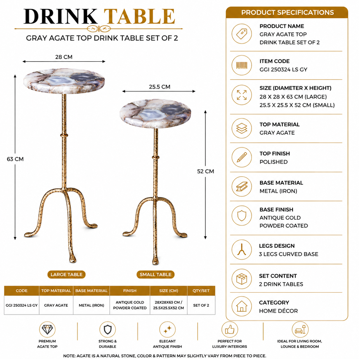 Valini's Home Elegant Gray Agate Drink Table Set of 2 – Premium Antique Gold Accent Tables with Curved Iron Base for Modern Interiors - Image 3