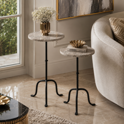 Valini's Home Morchino Marble Drink Table Set of 2 – Premium Natural Marble Top with Matte Black Curved Iron Base for Modern Living Spaces