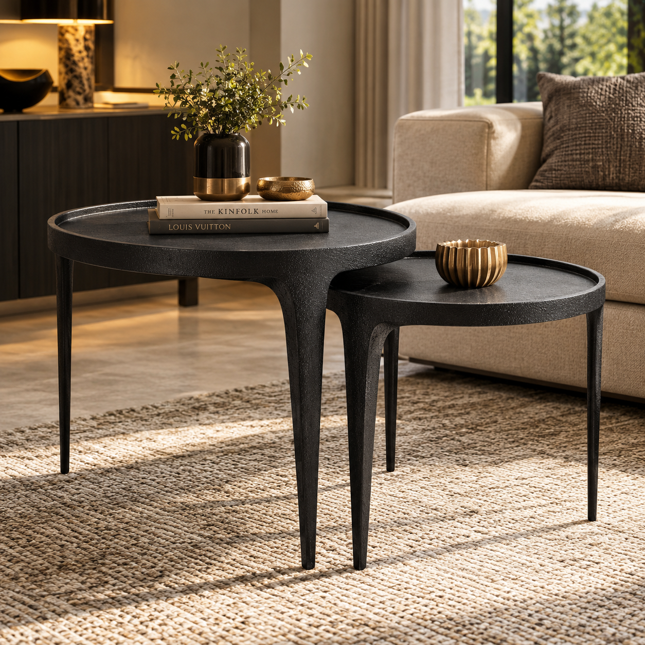 Valini's Home Modern Black Cast Aluminium Round Coffee Table Set of 2 – Stylish Lightweight Accent Tables for Contemporary Living Spaces