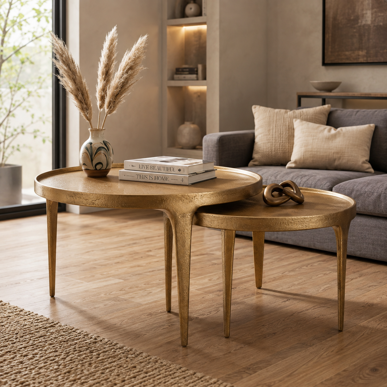 Valini's Home Brass Antique Cast Aluminium Coffee Table Set of 2 – Elegant Round Accent Tables for Contemporary Living Room & Lounge Décor