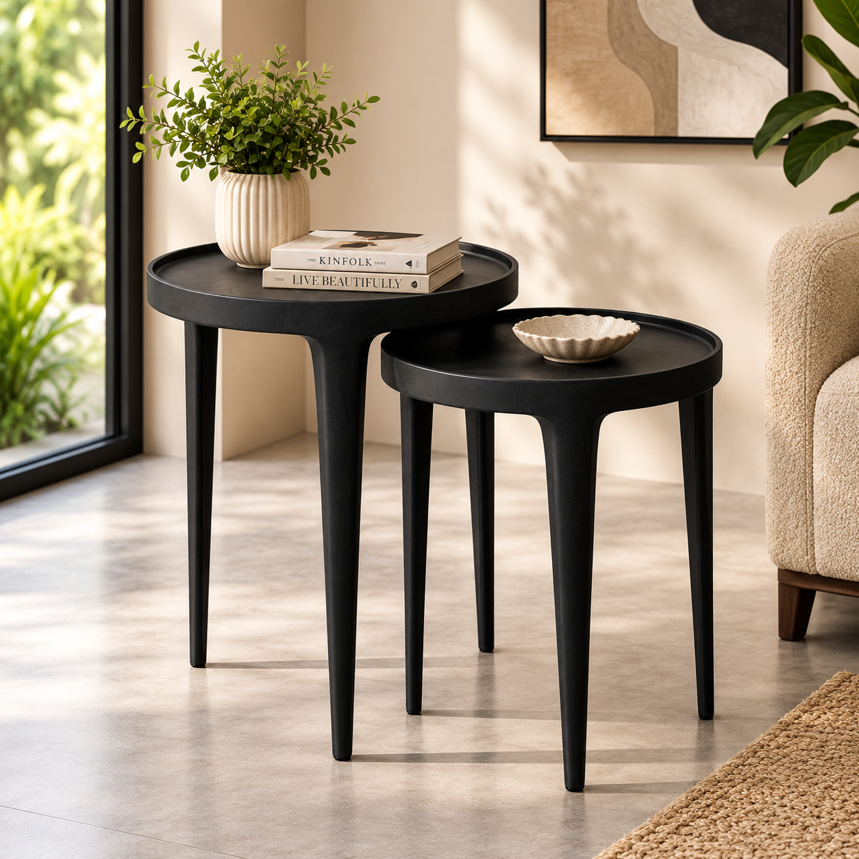 Valini's Home Contemporary Black Cast Aluminium Round Side Table Set of 2 – Sleek Lightweight Accent Tables for Stylish Living Room Interiors