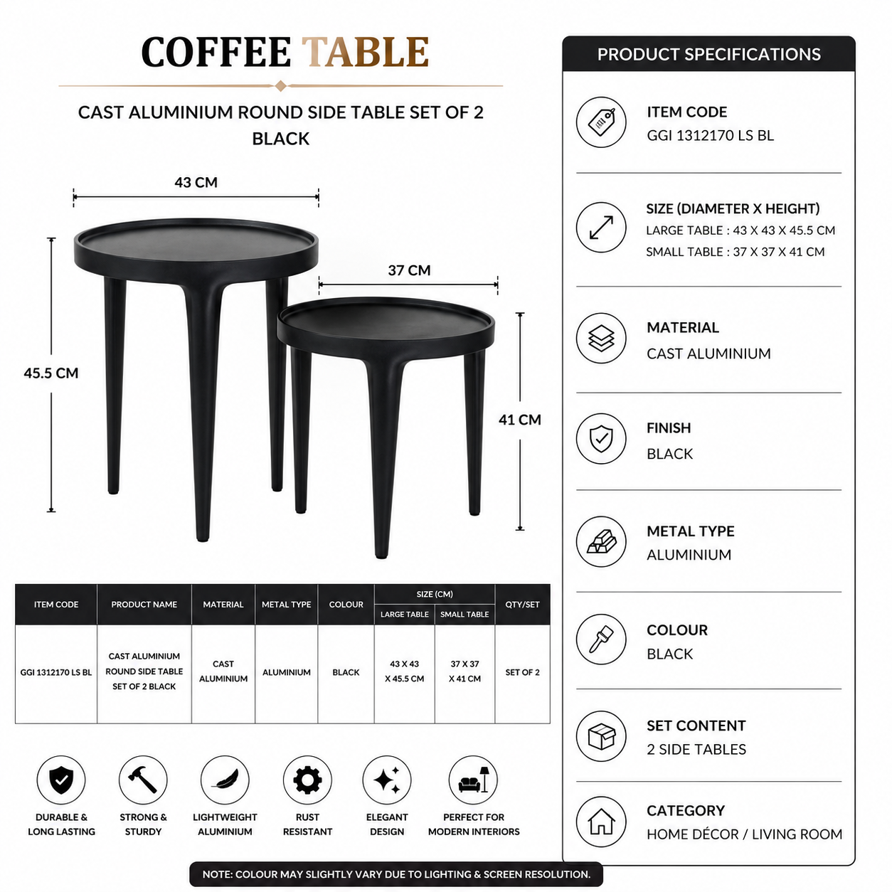 Valini's Home Contemporary Black Cast Aluminium Round Side Table Set of 2 – Sleek Lightweight Accent Tables for Stylish Living Room Interiors - Image 3