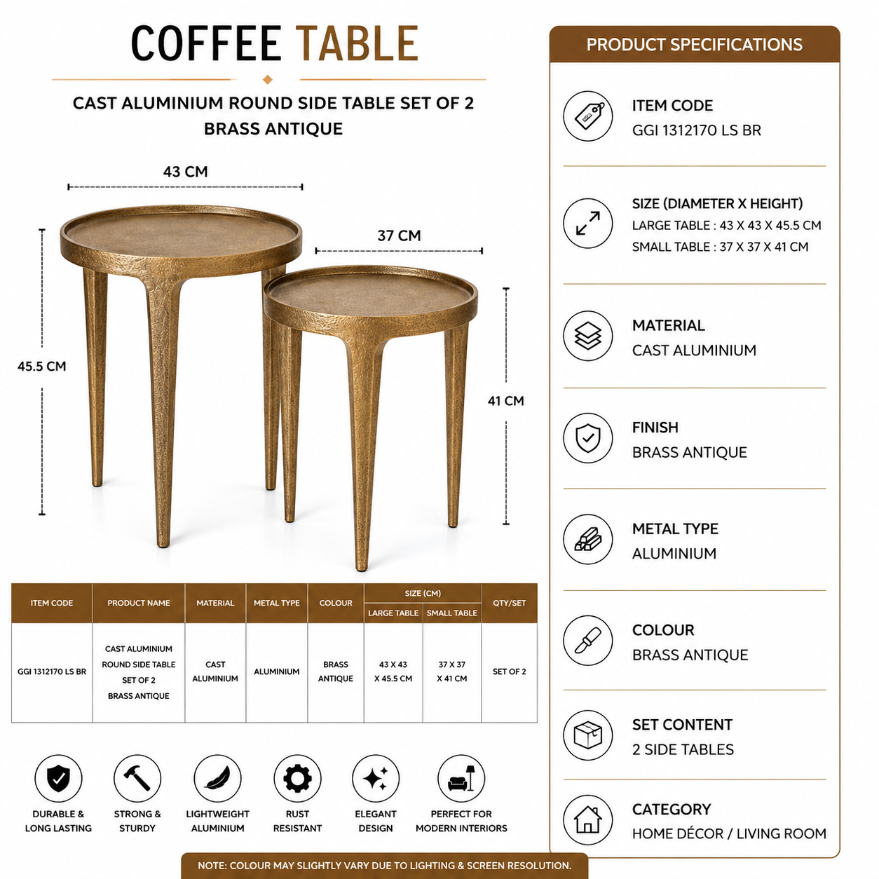 Valini's Home Brass Antique Round Side Table Set of 2 – Elegant Cast Aluminium Accent Tables for Contemporary Home Interiors - Image 3