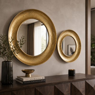 Valini's Home Brass Antique Curved Profile Round Wall Mirror Set – Elegant Decorative Round Mirrors for Living Room, Bedroom & Home Décor