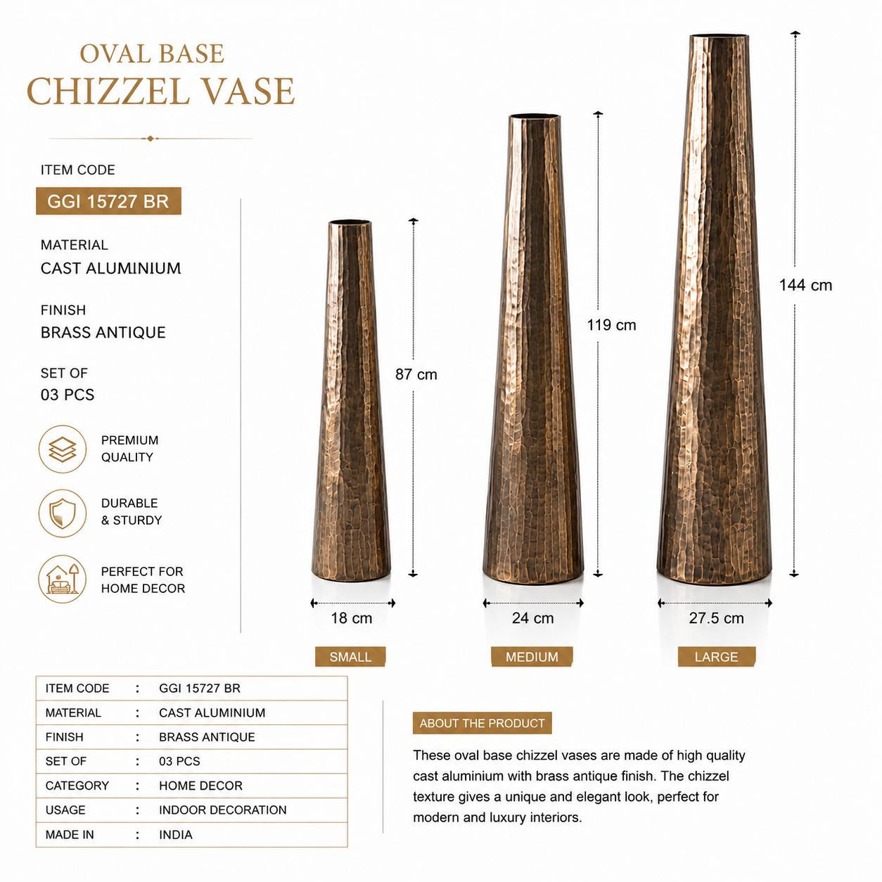 Valini's Home Handcrafted Hammered Metallic Floor Vase Set – Elegant Decorative Vases for Modern Home Décor - Image 3