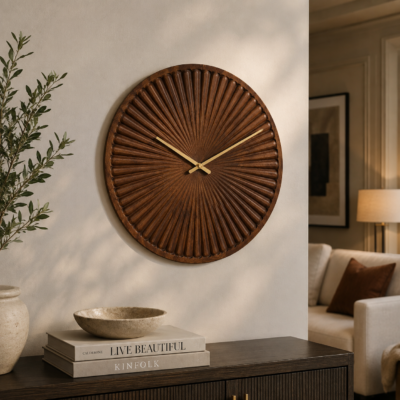 Valini's Home Sunflower Mango Wood Round Wall Clock – Handcrafted Wooden Statement Clock with Natural Brown Finish