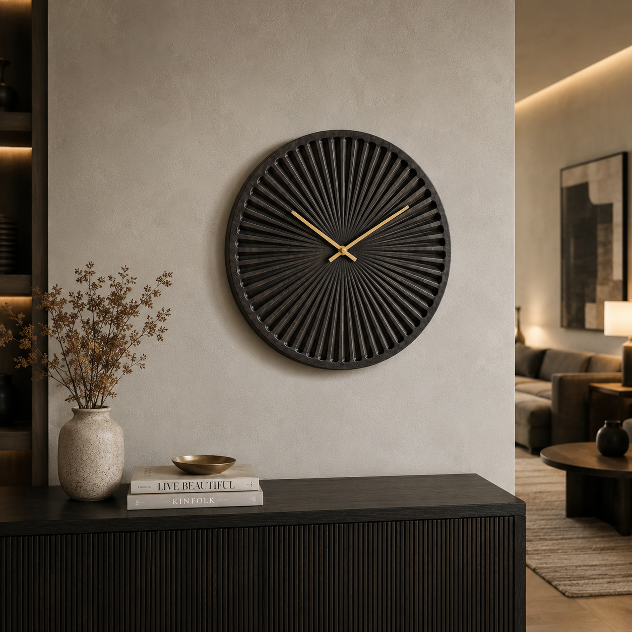 Valini's Home Black Sunflower Mango Wood Wall Clock – Handcrafted Round Wooden Statement Clock with Matte Finish
