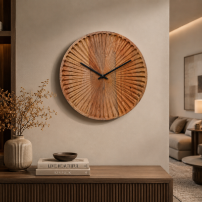 Valini's Home Natural Mango Wood Sunflower Round Wall Clock – Handcrafted Wooden Décor Clock with Organic Wood Finish