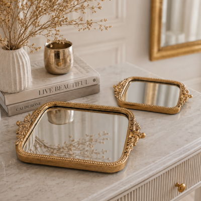 Valini's Home Antique Brass Mirror Tray Set of 2 – Elegant Hand-Polished Decorative Vanity & Serving Trays for Premium Home Décor Set of 2