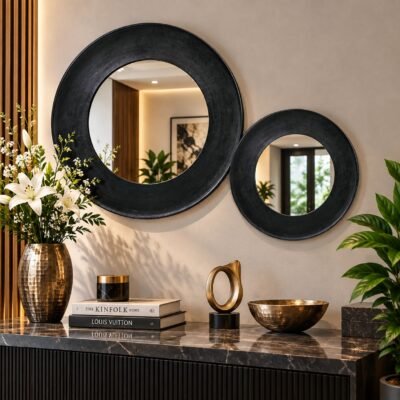 Valini's Home Modern Black Curved Round Wall Mirror Set – Premium Matte Black Decorative Mirrors for Contemporary Home Interiors