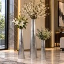 Valini's Home Silver Textured Metal Floor Vase Set – Elegant Tall Decorative Vases for Contemporary Interiors