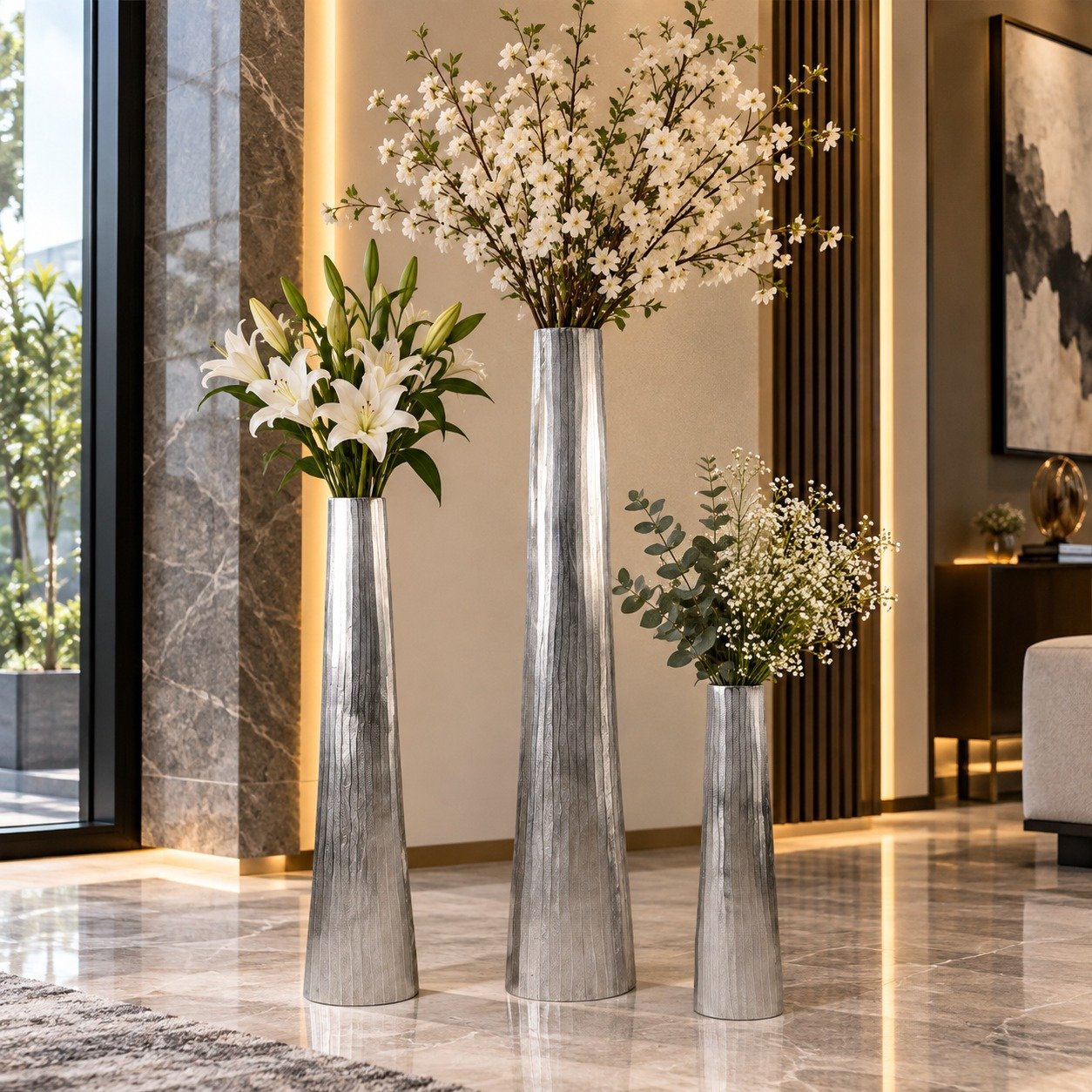 Valini's Home Silver Textured Metal Floor Vase Set – Elegant Tall Decorative Vases for Contemporary Interiors