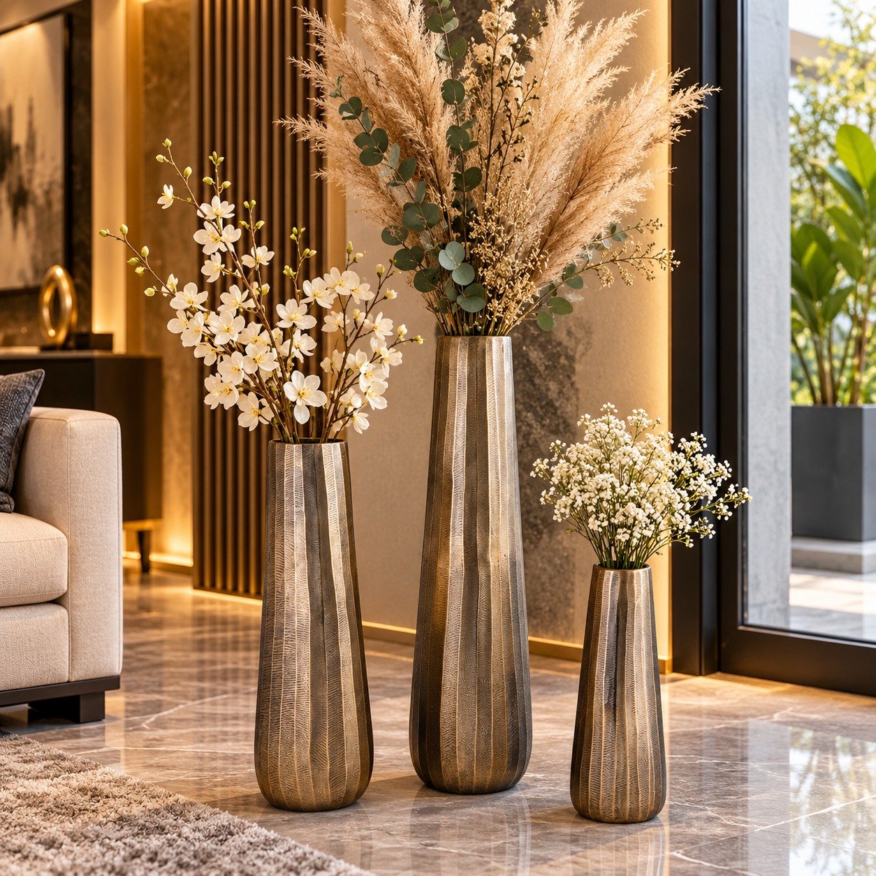 Valini's Home Handcrafted Hammered Metallic Floor Vase Set – Elegant Decorative Vases for Modern Home Décor