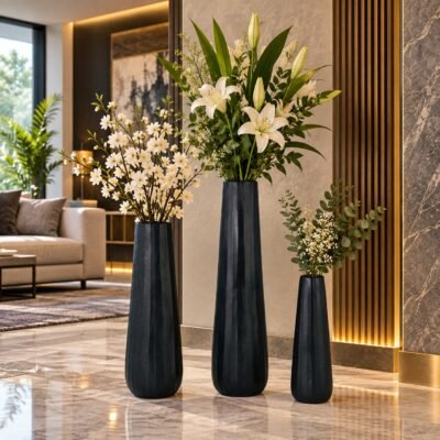 Valini's Home Black Textured Metal Floor Vase Set – Modern Three-Piece Decorative Statement Vases