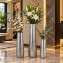 Valini's Home Silver Textured Decorative Floor Vase Set – Elegant Tall Metal Vases for Modern Home Décor