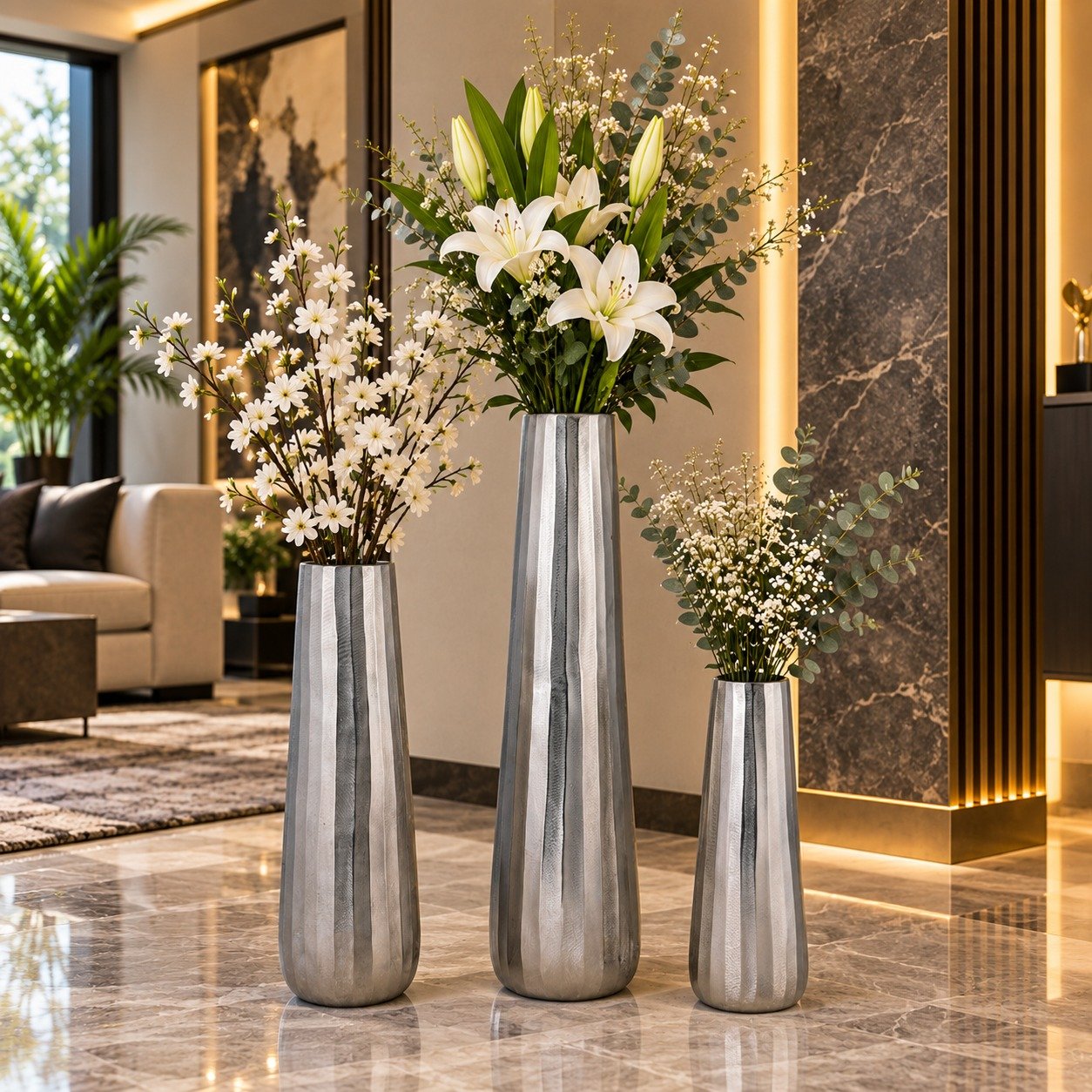 Valini's Home Silver Textured Decorative Floor Vase Set – Elegant Tall Metal Vases for Modern Home Décor