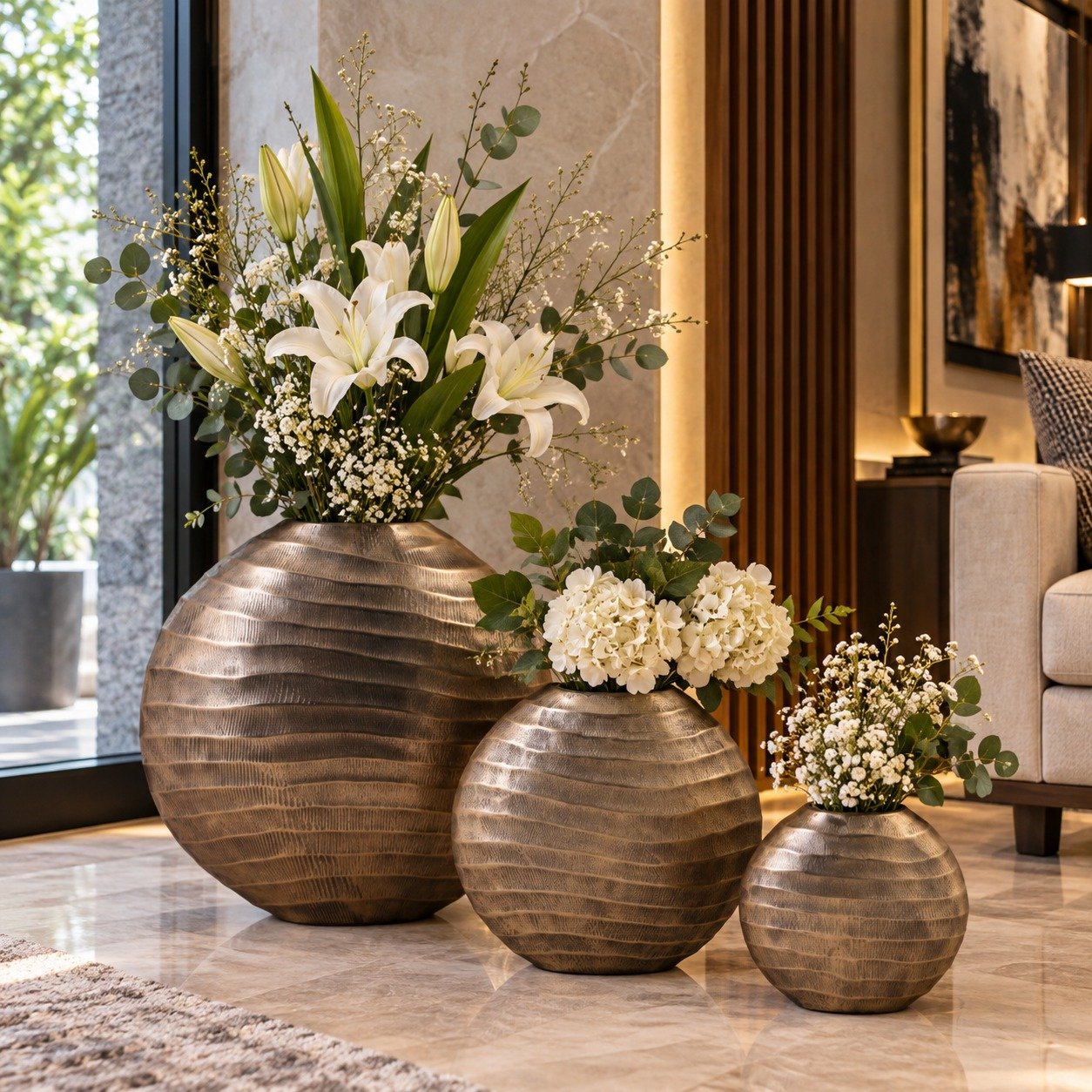 Valini's Home Antique Bronze Ribbed Round Vase Set – 3-Piece Luxury Decorative Vases for Modern Interiors