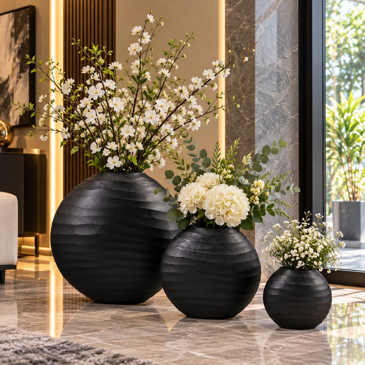 Valini's Home Black Textured Round Vase Set – Modern 3-Piece Decorative Vases for Elegant Home Interiors