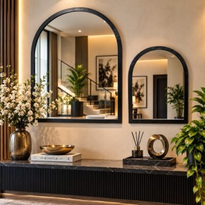 Valini's Home Elegant Arch Window Wall Mirror Set – Slim Black Metal Frame Decorative Mirrors for Modern Home Décor Set of 2
