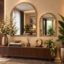Valini's Home Antique Brass Arch Window Wall Mirror Set – Elegant Hammered Metal Frame Mirrors for Luxury Home Décor Set of 2